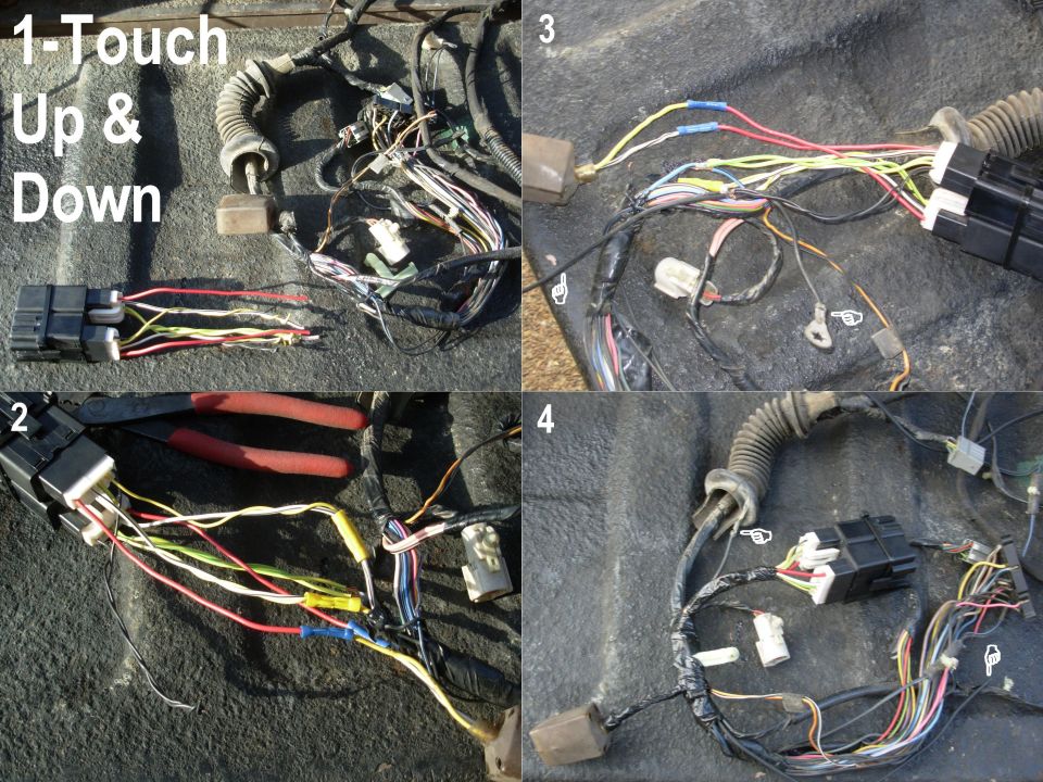 1-Touch Up & Down on the driver's door harness from a '93 Bronco XLT

1. This mod requires two common Ford 1-touch modules with pigtail connectors.  I zip-tied these together face-to-face and twisted the wires together that will be connected.  Then I opened the harness where I'll be splicing.
2. Cut the motor wires and connect them to the modules' red wires.  Then connect each cut harness wire to the Bk/Wh from the same module as the R wire is connected to.  In this case, one module is connected to the door's Y wires; the other to the doors Bk/Wh wires.
3. Splice the ground & power wires from both modules to the door's Bk & LB/Bk, respectively.  I also chose to add a new door ground wire (white pointers).
4. Tape up the splices & reattach any hangers.