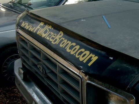 1982 Ford Bronco - A black Ford Bronco's hood and grille are visible, with a website address printed on the hood.