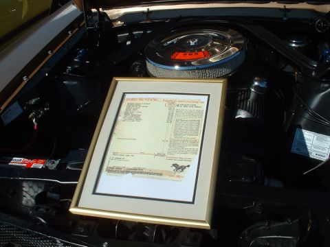 1995 Ford Crown Victoria - A framed window sticker for a Ford Mustang is displayed in the engine bay of a vehicle.