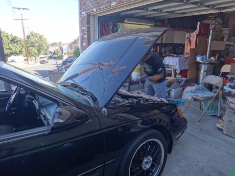 1993 Ford Taurus - A black 1993 Ford Taurus is parked in a driveway with its hood open as a person works on the engine.