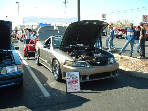 1995 Ford Crown Victoria - A tan Ford Mustang convertible is displayed with its hood open at an outdoor car show.
