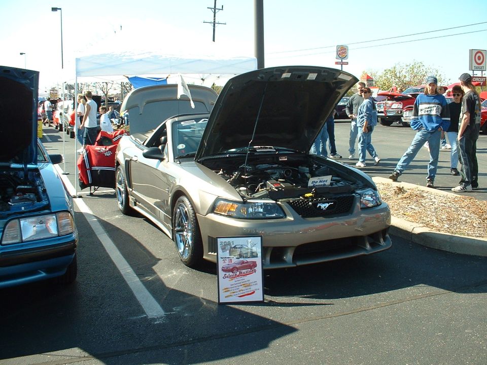 Tan Ford Mustang convertible with hood open, parked next to a blue car. Sign in front says '2001 Select Masters'