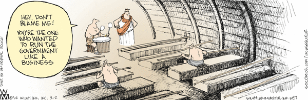 Cartoon depicting people in ancient attire on benches inside a structure, one speaking in a speech bubble