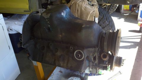1978 Ford Bronco - Engine block on a stand, part of a motor rebuild project.