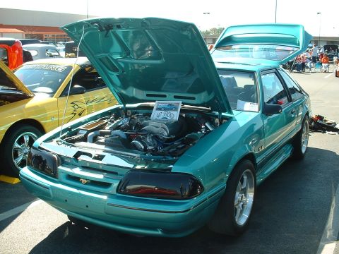 1995 Ford Crown Victoria - Teal Ford Mustang hatchback with hood and trunk open, parked next to a yellow Mustang.