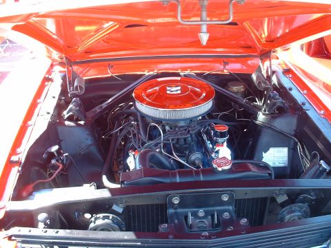 1995 Ford Crown Victoria - The engine bay of a classic car is shown with an orange paint scheme and a V8 engine.