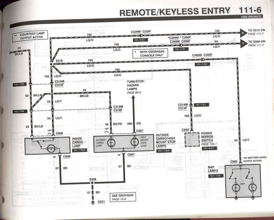 1996 Bronco remote/keyless entry wiring diagram, page 111-6