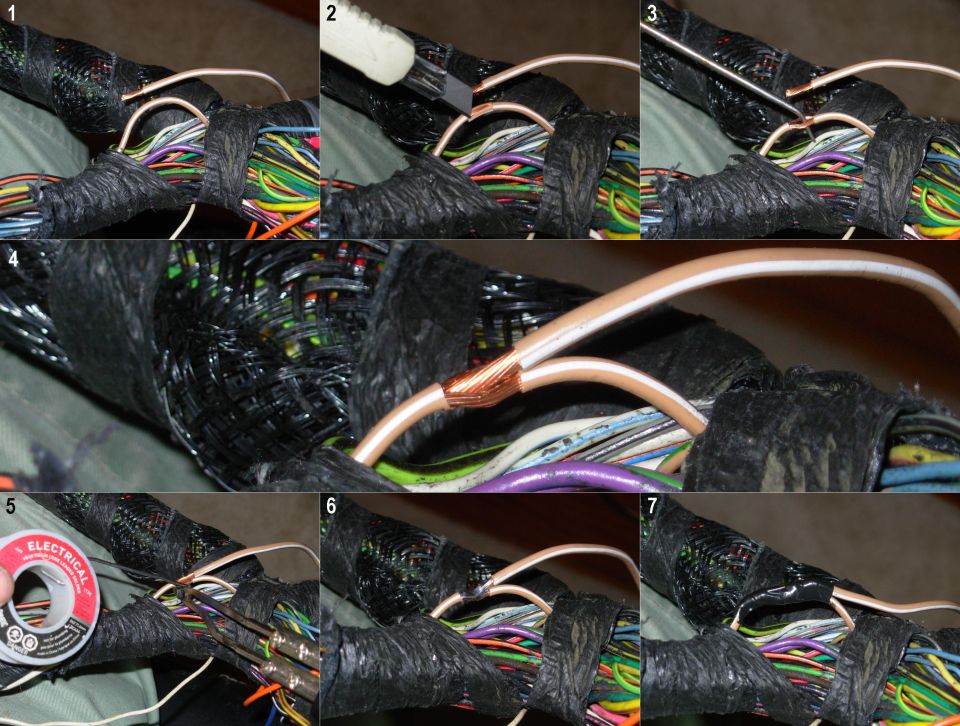 Seven-panel collage of a wiring harness being repaired and re-taped