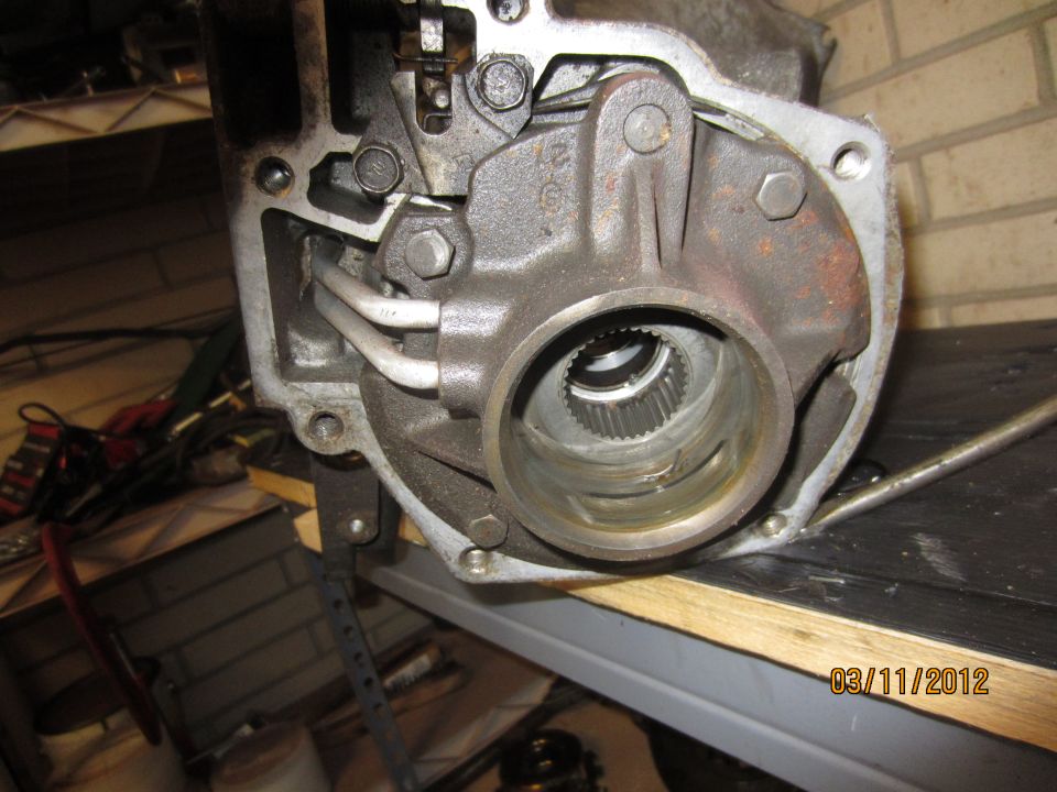 Transmission housing with splined output shaft visible