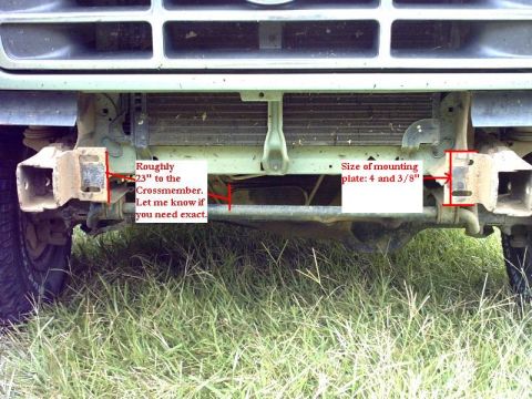 1995 Ford Bronco - Close-up of the front bumper mounting points on a Ford Bronco, with measurements noted.