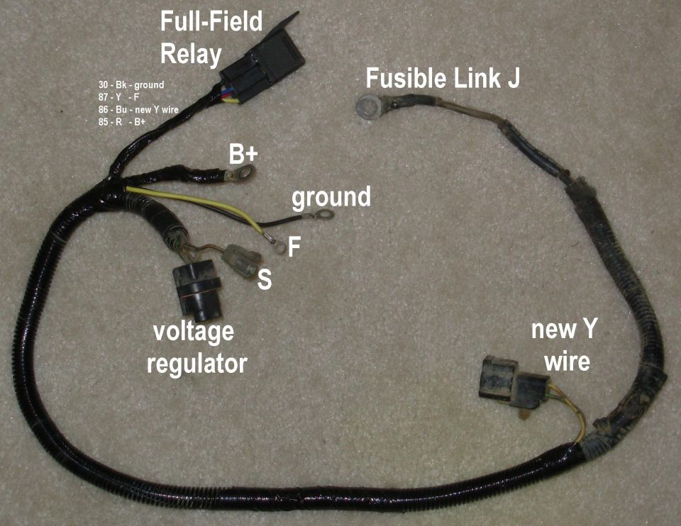 The alternator harness is now prepped to full-field the alternator when the new Y wire is grounded by a dash switch.  If the relay is removed, or the dash switch is not connected, or an unmodified harness is installed, everything will work normally.