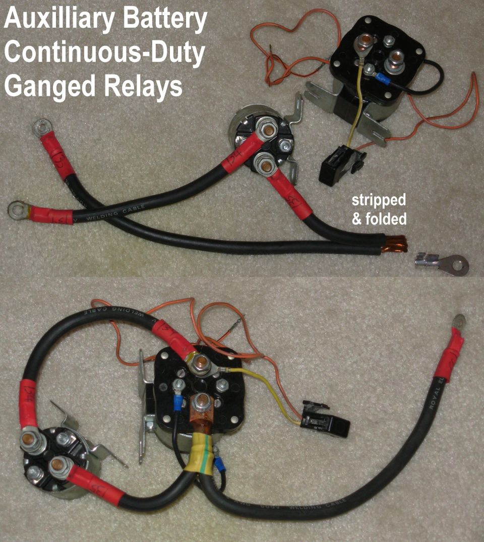 Auxiliary battery continuous-duty ganged relays and cables