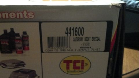 1979 Ford Bronco - A TCI transmission parts box is shown, with a part number and "Saturday Night Special" label.