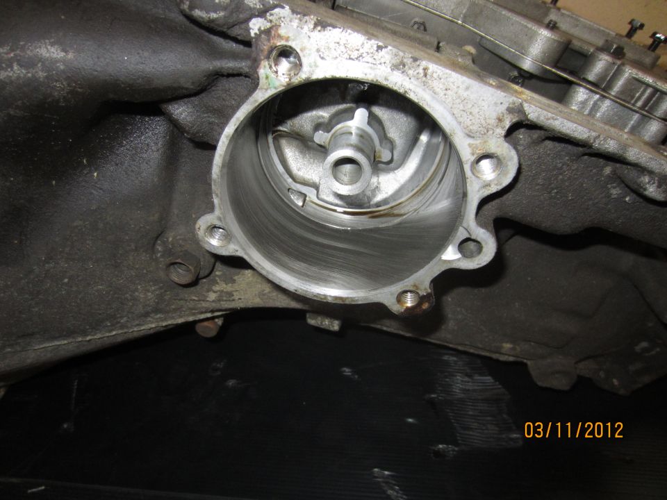 Close-up of the inside of a transmission housing with visible wear marks