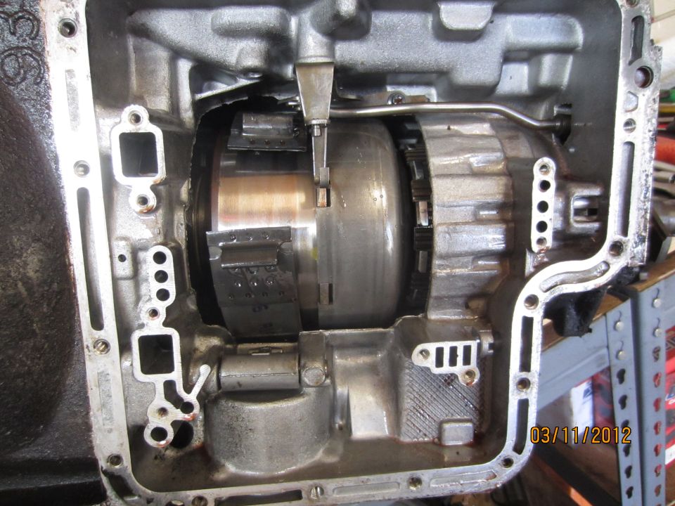 Close-up of automatic transmission internals, showing clutch packs and torque converter components