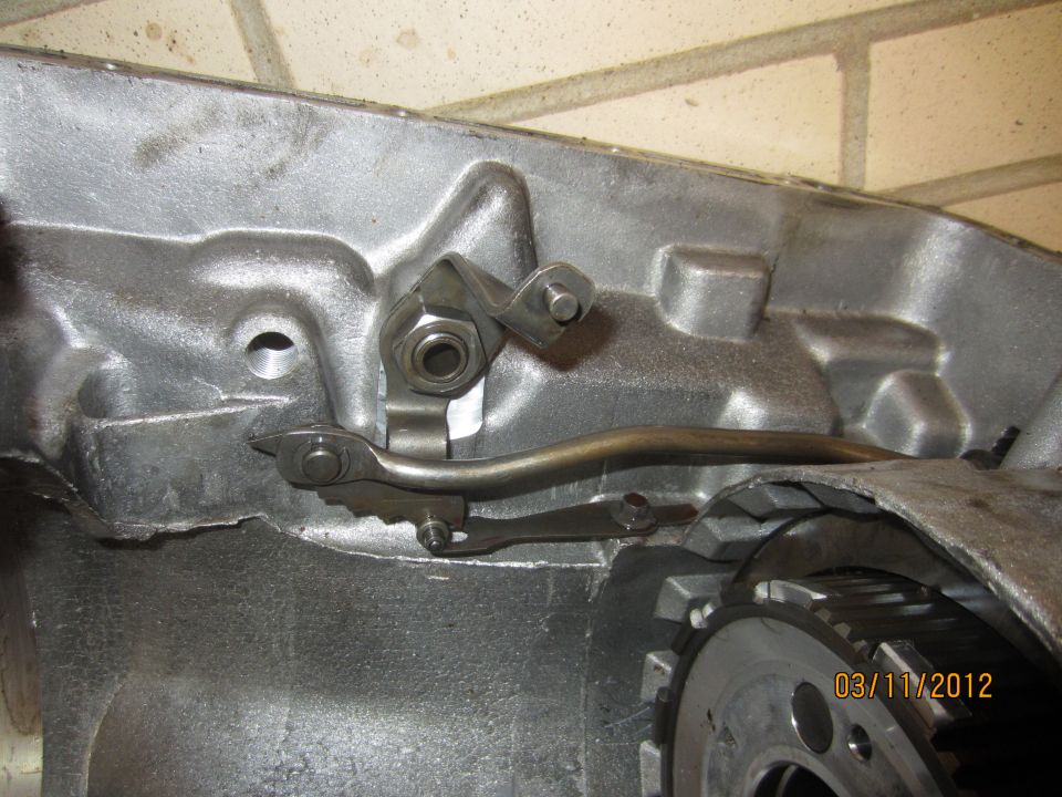 Close-up of internal transmission linkage and gears