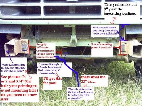 1995 Ford Bronco - Detailed measurements and questions are annotated on a photo of a truck's front bumper mounting hardware.