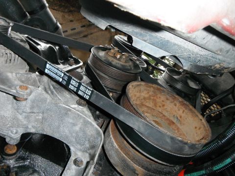 1988 Ford Bronco - Close-up view of engine pulleys and belts, showing part numbers on the serpentine belt.