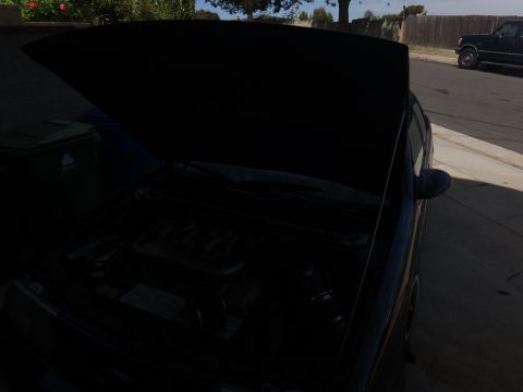 1993 Ford Taurus - The engine bay of a car is visible with the hood open, parked in a driveway.