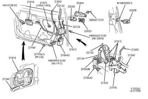 1993 Ford Taurus - Technical diagram illustrates the internal workings of a car door, detailing various mechanical parts and their assembly.