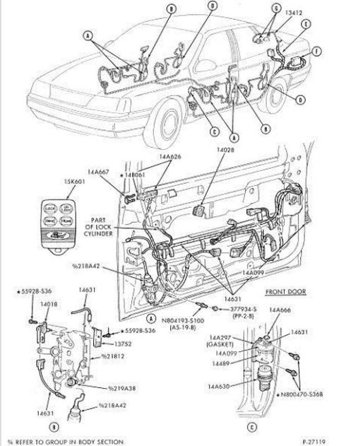1993 Ford Taurus - Diagram illustrating the wiring harness and door lock components for a 1993 Ford Taurus.