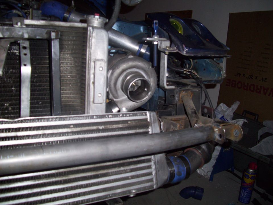 Turbocharger and intercooler assembly, front view