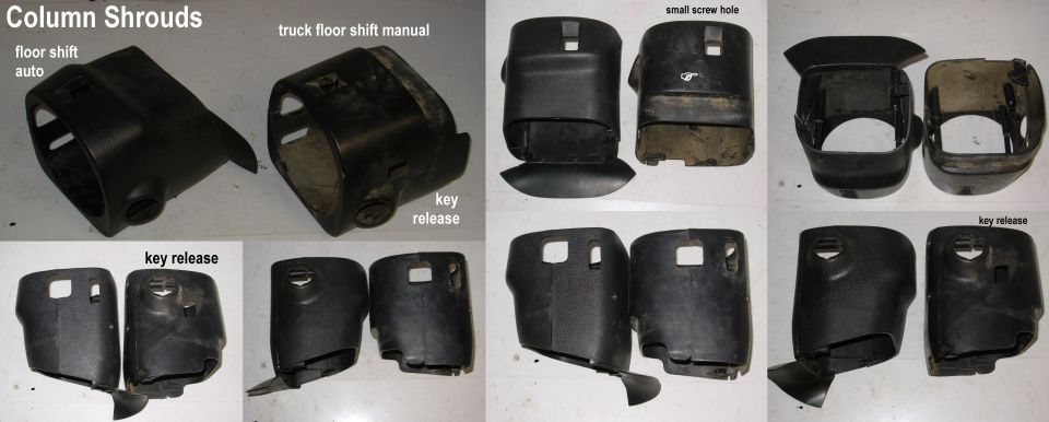 Steering Column Shrouds

The truck manual shroud is not available from any supplier I've found.  The car floor shift auto shroud can be substituted by either cutting a slot for the key release, or by removing the key release mechanism from the column.

Note the small screw hole in the truck column which SHOULDN'T be there.

SOLD the car shroud with the flap.