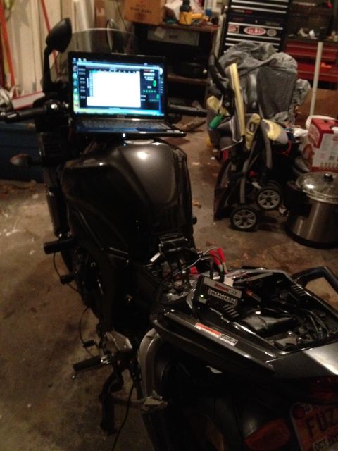 2008 Yamaha FZR1000 - Motorcycle being tuned with a laptop and a Power Commander III module connected.