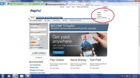 1990 Ford Probe - Screenshot of the Paypal website interface, displaying language selection options in a dropdown menu.