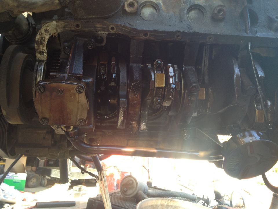 engine crankshaft and connecting rods, oil pan removed
