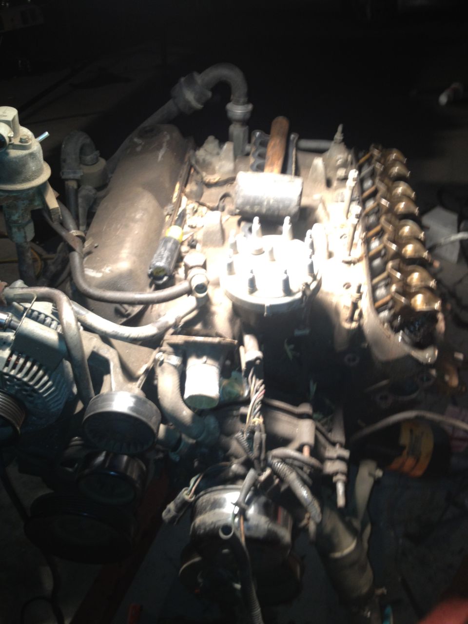 Engine assembly with distributor cap, alternator, and valve cover visible