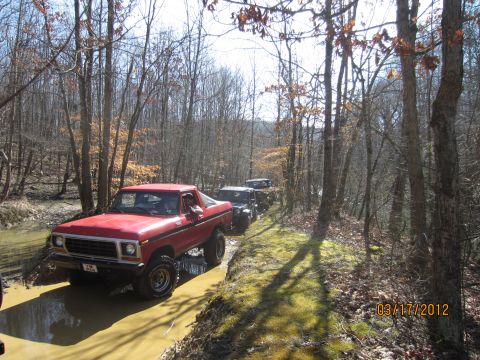 1979 Ford Bronco - A line of off-road vehicles navigates a muddy trail through a wooded area.