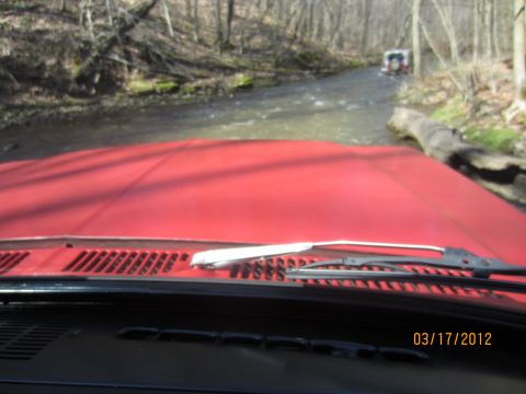 1979 Ford Bronco - Two SUVs navigate a stream in a forest, seen from the perspective of one of the vehicles.