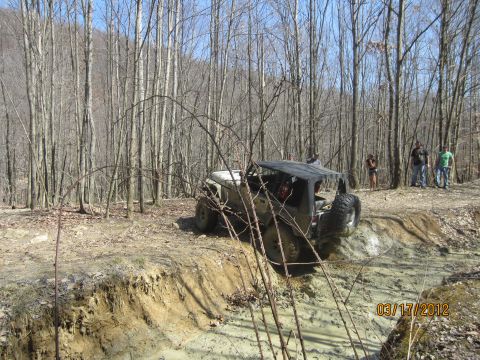 1979 Ford Bronco - A modified off-road vehicle tackles a challenging muddy path surrounded by trees.
