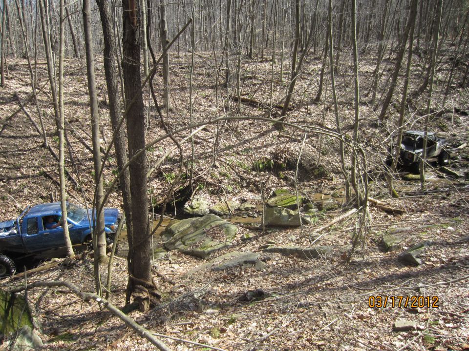 Blue pickup truck and a dark SUV off-roading in a forest with a stream