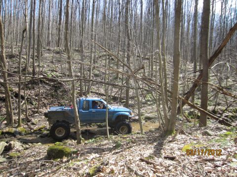 1979 Ford Bronco - Off-road pickup truck navigates a wooded trail with muddy water obstacles.