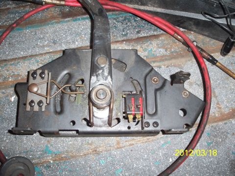 1968 Ford Ranchero - Close-up of an automatic transmission shifter mechanism with red cables attached. The date 2012/03/18 is visible.