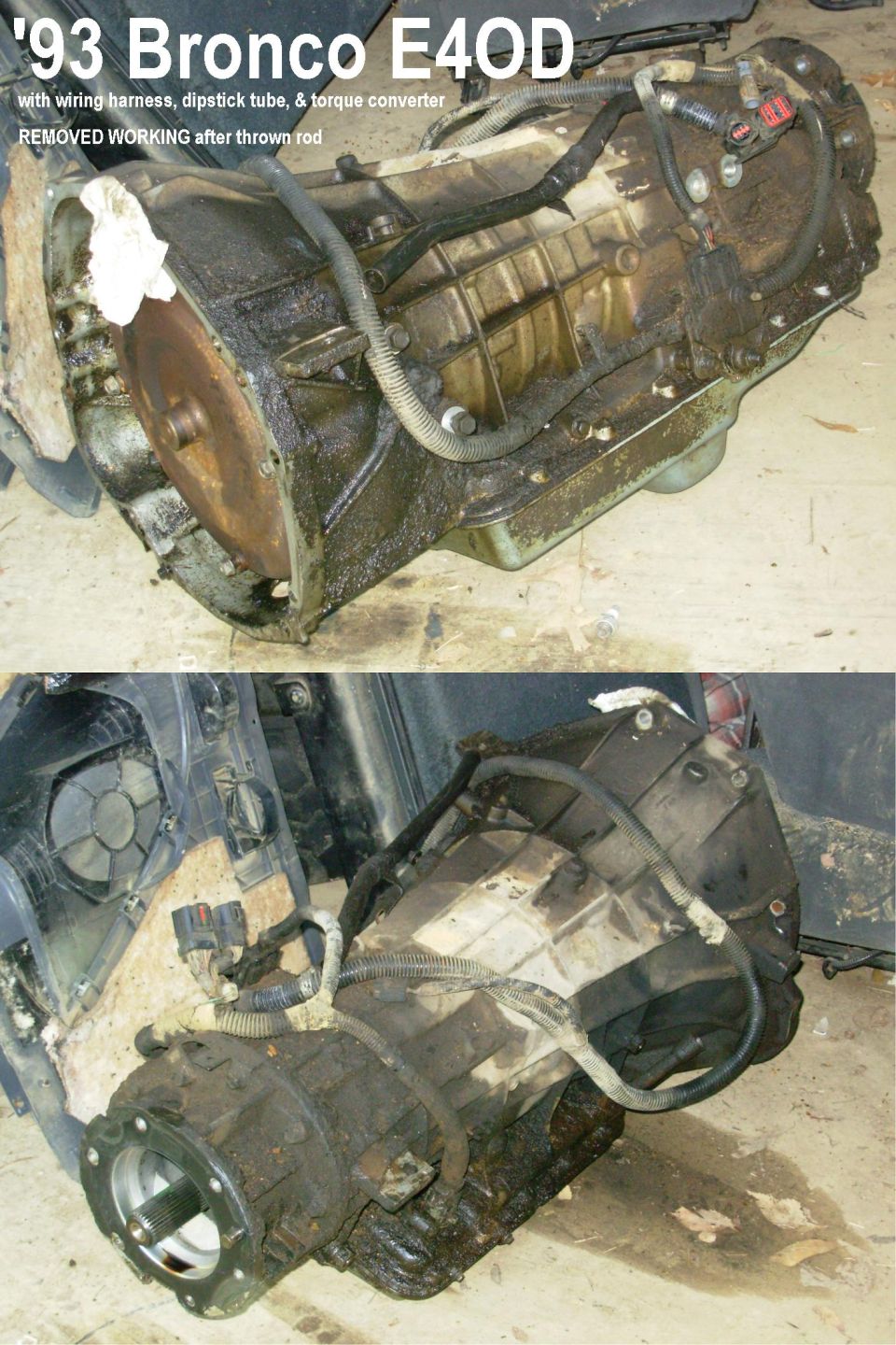 1993 Bronco E4OD transmission removed, two angles