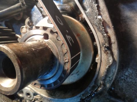 1993 Ford Taurus - Engine timing belt and pulley detail, showing wear and markings.