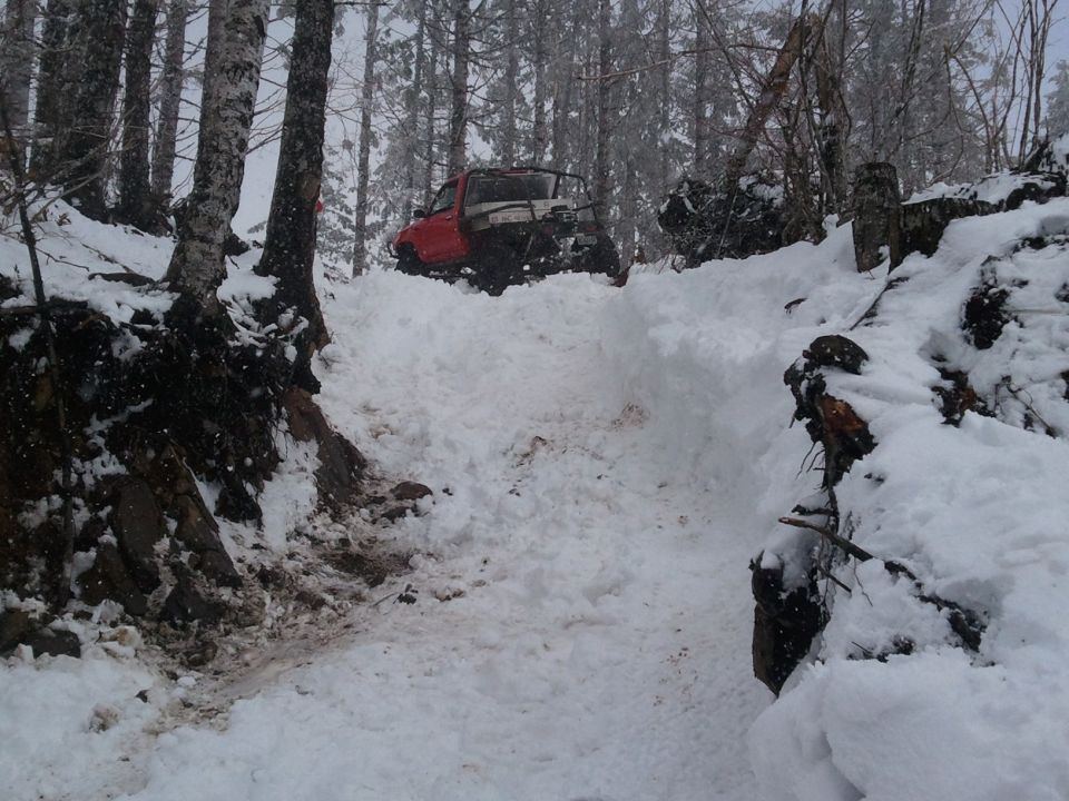 Red off-road vehicle with a roll cage stuck in deep snow on a wooded slope