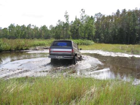 1991 Ford Bronco - 1991 Ford Bronco navigating a water crossing in a grassy, wooded area.