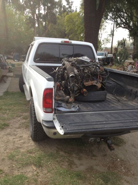 1969 Ford F-250 - Engine loaded in the bed of a white pickup truck, with another truck in the background.