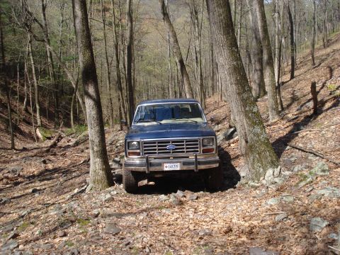 1985 Ford Bronco - A blue Ford truck is parked on a rocky, wooded trail, viewed from the front.