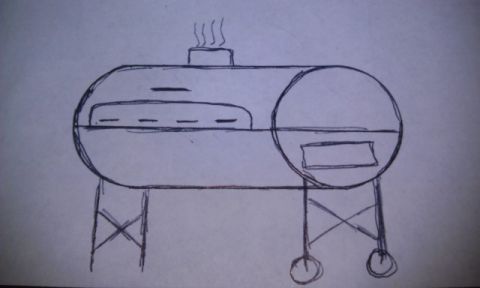 1989 Ford Bronco - Hand-drawn ink sketch of a barrel-style BBQ smoker grill with chimney and legs.