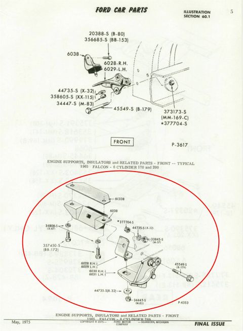 1972 Ford Ranchero - Illustration of engine supports, insulators, and related parts for a 1965 Ford Falcon, typical for 6-cylinder 170 and 200 engines.
