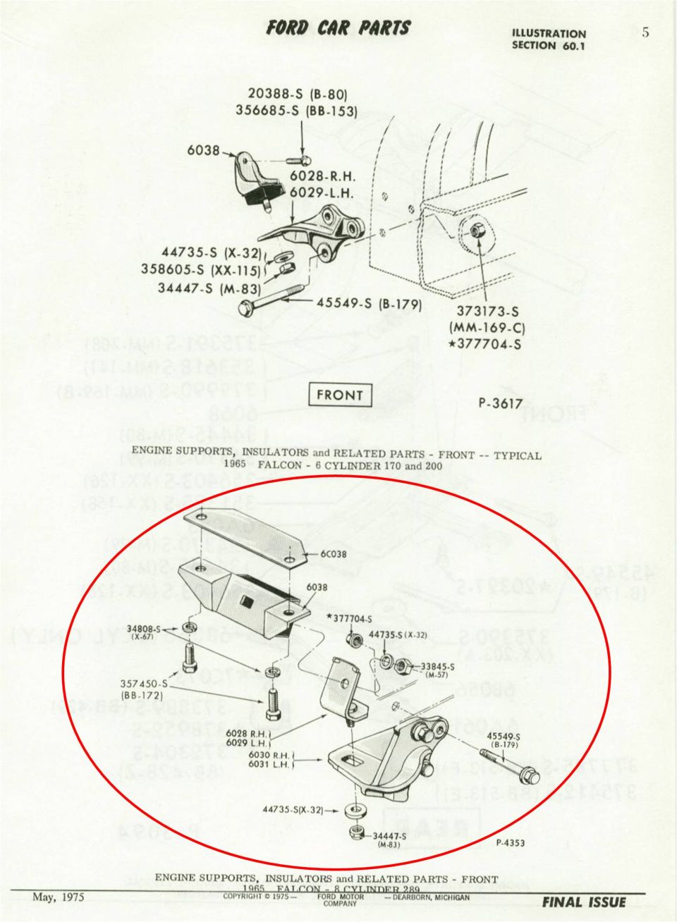 Ford Falcon engine supports and insulators exploded parts illustration
