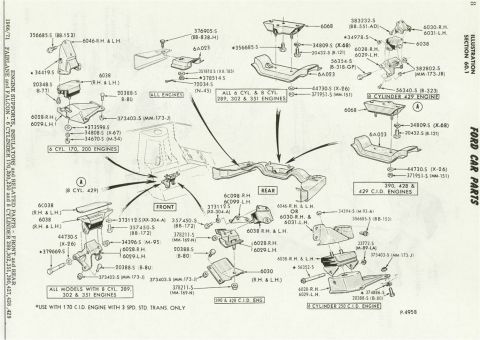 1972 Ford Ranchero - Diagram of Ford car parts, illustrating engine supports and related components for various Ford models.