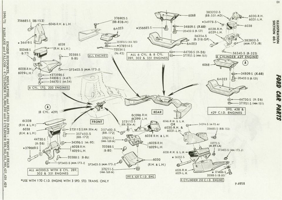 Ford engine supports and insulators exploded diagram across multiple engine types