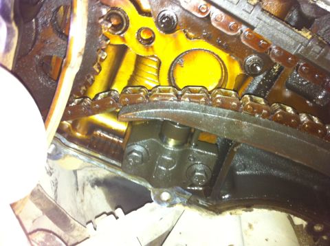 1998 Ford Crown Victoria - Engine timing chain and tensioner assembly with oily metal components visible.