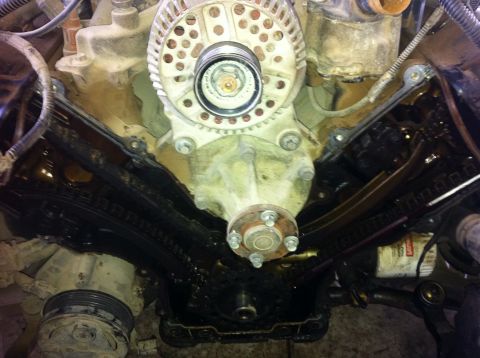 1998 Ford Crown Victoria - Close-up of an engine's timing chain and alternator during maintenance.